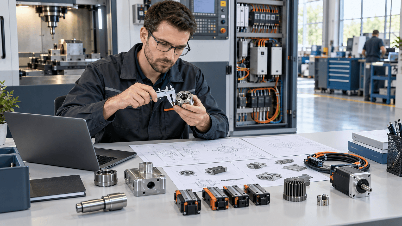 Engineer measuring CNC components while preparing a spare-parts request