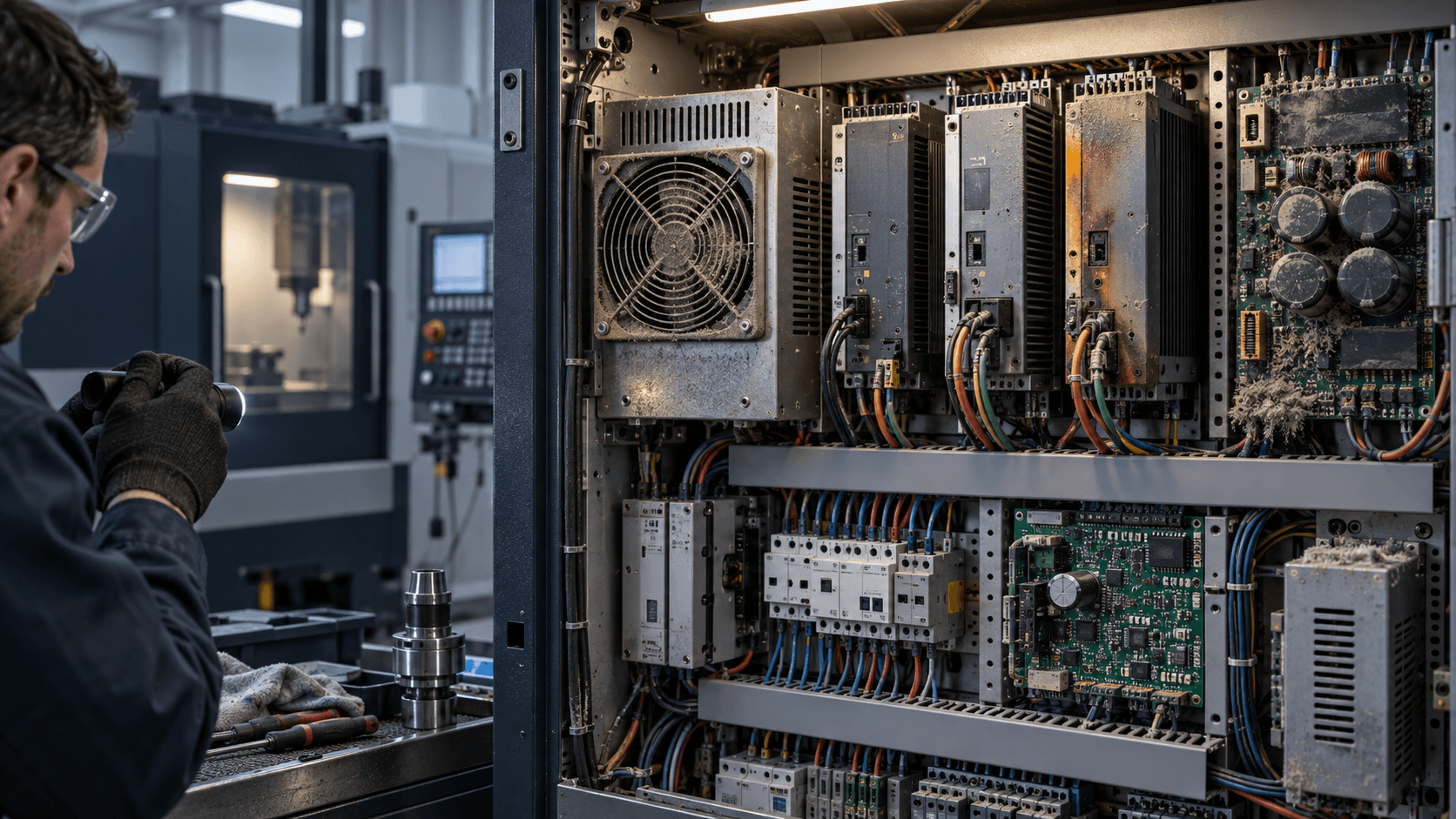 CNC control cabinet with electronic modules showing signs of wear