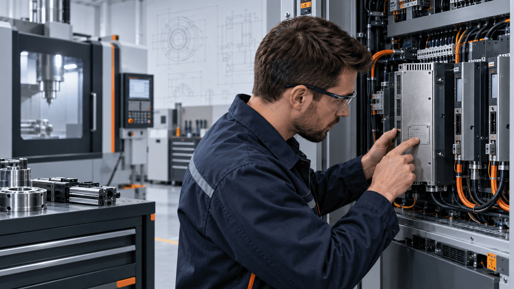 Technician inspecting a CNC servo amplifier in an industrial control cabinet
