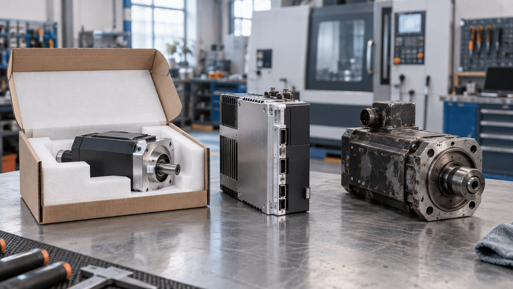 New, refurbished and used CNC components arranged for comparison