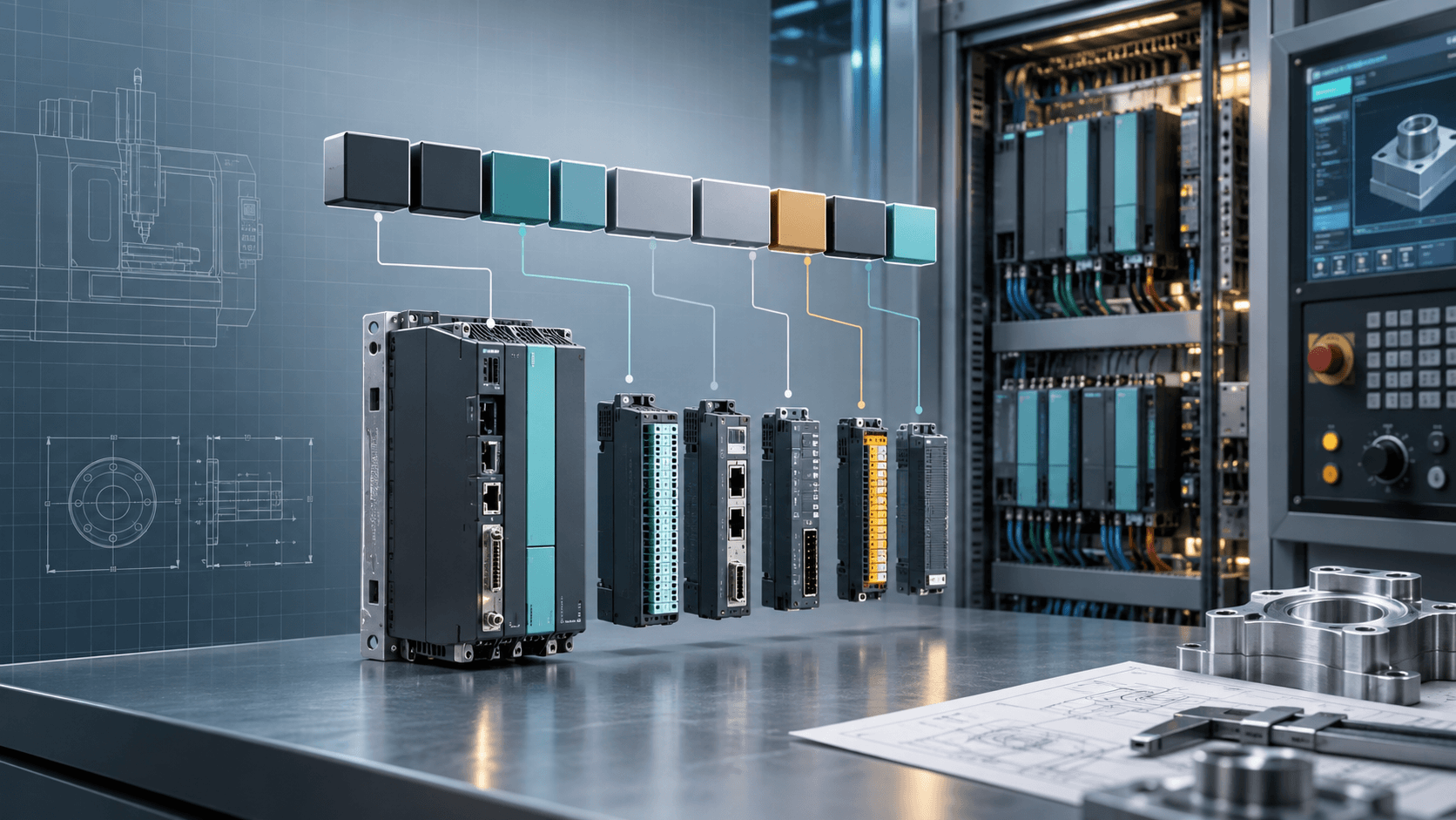 Modular CNC control hardware arranged beside an industrial control cabinet